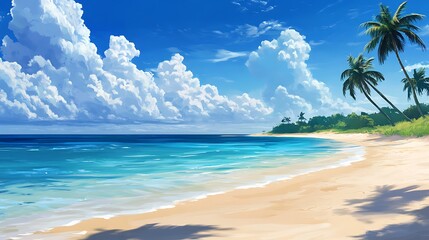 A beautiful beach scene with clear blue waters, sandy shores, and a few palm trees in the distance. The partly cloudy sky enhances the calm and serene atmosphere. 