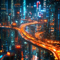 Obraz premium Vibrant Futuristic Cityscape at Night with Illuminated Skyscrapers and Elevated Highways