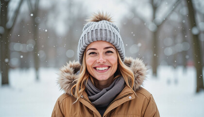 Obraz premium Cheerful woman smiling in snowy park, winter joy and happiness