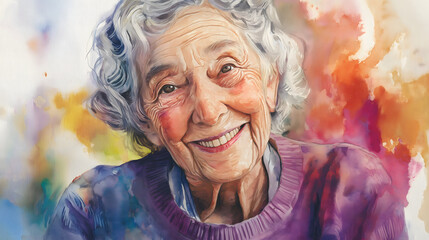 Vibrant Watercolor Portrait of a Smiling Elderly Woman: Capturing Joy, Wisdom, and the Beauty of Happiness in Old Age