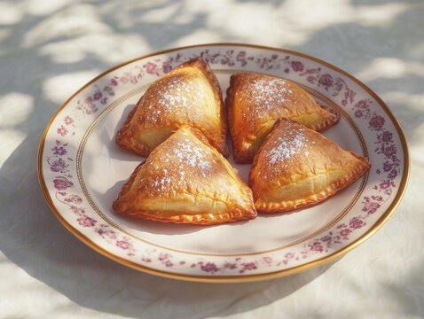 Plate of tasty, light dessert puff pastries with sugar dusting.