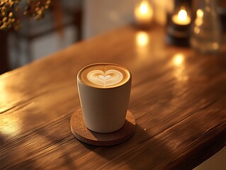 A latte sitting on a coaster on a wooden table, with a heart-shaped design on the foam, creating a warm and inviting scene. 