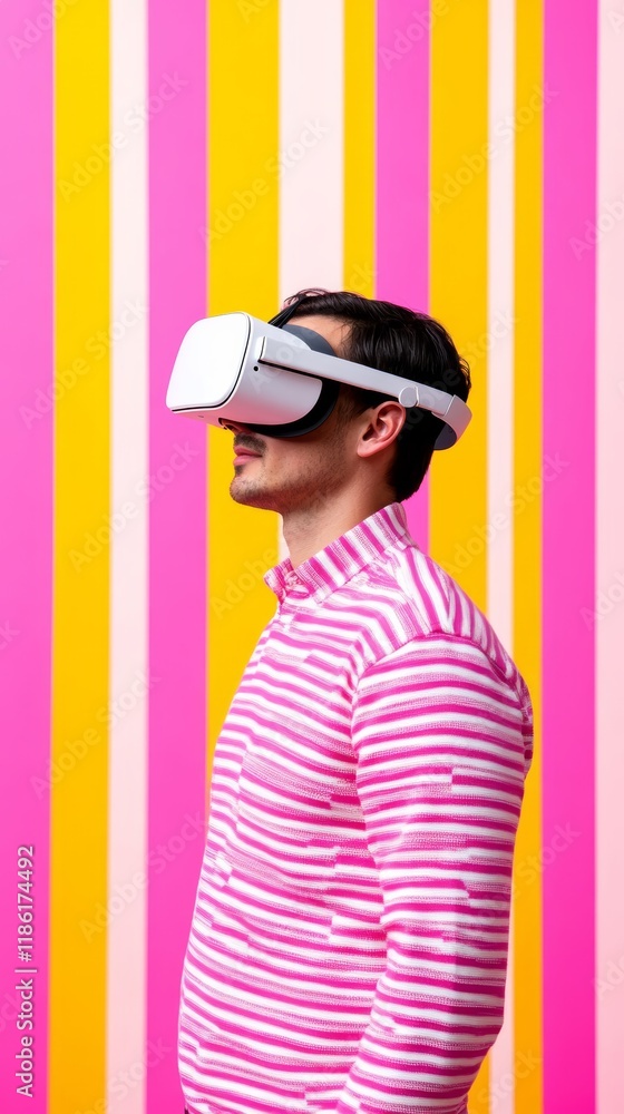 Poster elegant a dynamic scene of a visitor testing virtual reality headsets in a brightly lit tech booth s