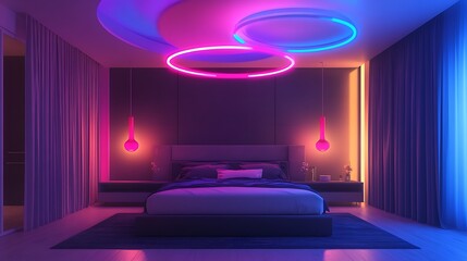 A modern bedroom with a bed in the center, flanked by two lamps emitting bright pink and blue lights. The ceiling features circular lights in the same colors,