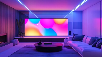 A modern living room featuring a white sofa, a black coffee table, and a large screen displaying colorful abstract shapes.