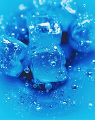 Blue ice cube is sitting on a blue surface