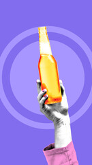 Conceptual graphic design. Hand holding golden beer bottle high, against vibrant purple backdrop with circular graphic accents. Concept of celebration, traditional festivals, party mood. Pop art style
