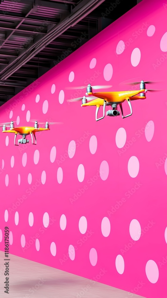 Poster elegant a high tech showcase of drones flying above a digitalized booth with holographic interfaces 