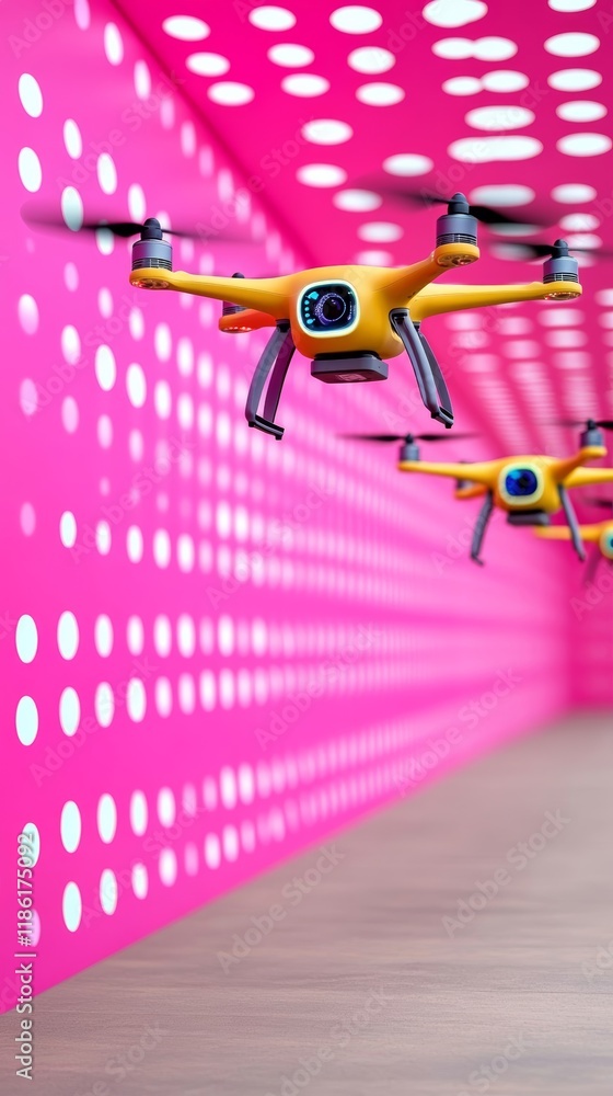 Poster elegant a high tech showcase of drones flying above a digitalized booth with holographic interfaces 