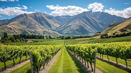 Fototapeta premium A scenic vineyard with rows of grapevines beneath a clear blue sky, surrounded by vibrant green hills and majestic mountains in the distance. 