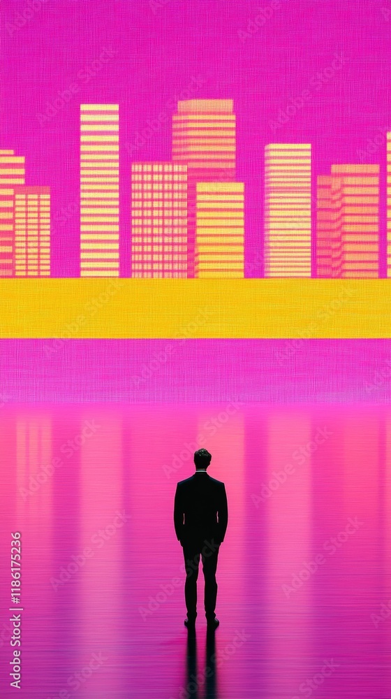 Poster elegant a keynote speaker on a large stage surrounded by massive led screens displaying a futuristic
