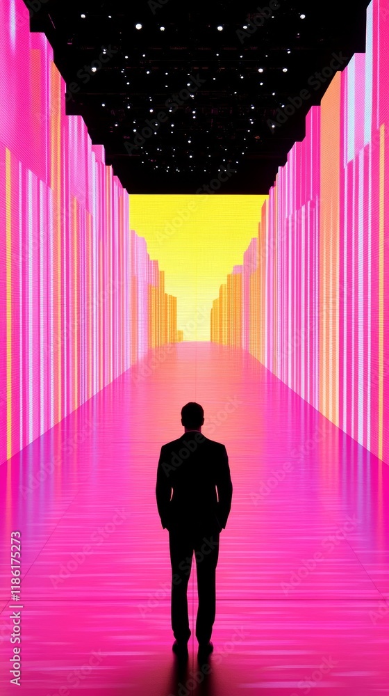 Poster elegant a keynote speaker on a large stage surrounded by massive led screens displaying a futuristic