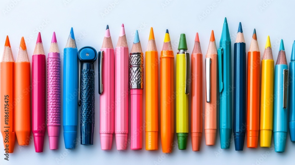 Poster colorful assortment of writing instruments arranged neatly on a flat surface