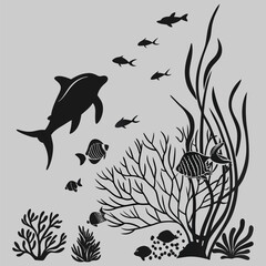 underwater life silhouette vector design art and illustration