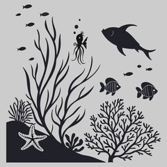 underwater life silhouette vector design art and illustration