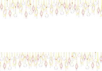Christmas garlands frame border. Hand drawn watercolor illustration of beads and gemstones isolated on white background. Can be used for postcard, invitation, scrapbook and other printed products.