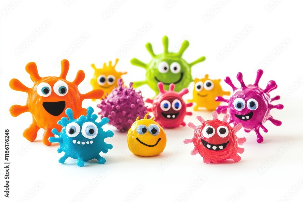 Poster bright and cheerful microbes with eyes and smiles in a colorful arrangement celebrating fun and crea