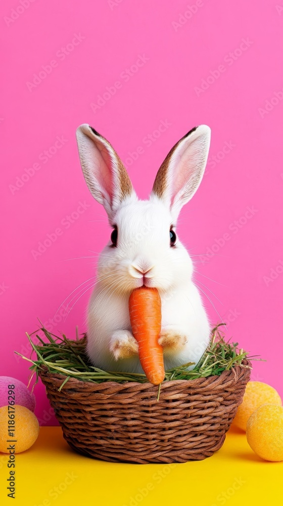 Aufkleber elegant a rabbit munching on a fresh carrot in a rustic setting with soft hay and a pastel backdrop 