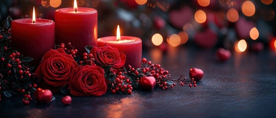 Romantic Candlelit Setting with Red Roses and Bokeh Lights - Ideal for Valentine's Day Ambiance