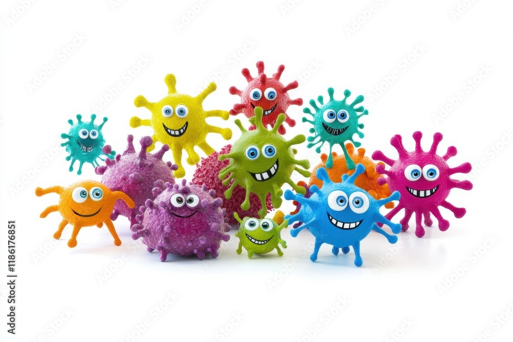 Poster Bright cheerful microbes with smiling faces and vibrant colors create a joyful atmosphere in a whimsical setting. Generative AI
