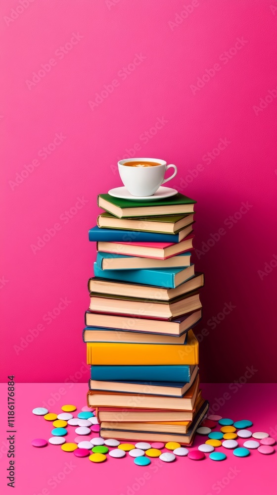 Poster elegant a stack of books precariously balanced with a fake spill of coffee next to it creating a pla
