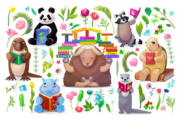 vector funny animals kids studying reading books illustration bundle. Nature cliparts. Children education and reading items, schooling cartoon object illustration. Hand drown Baby graphics concept