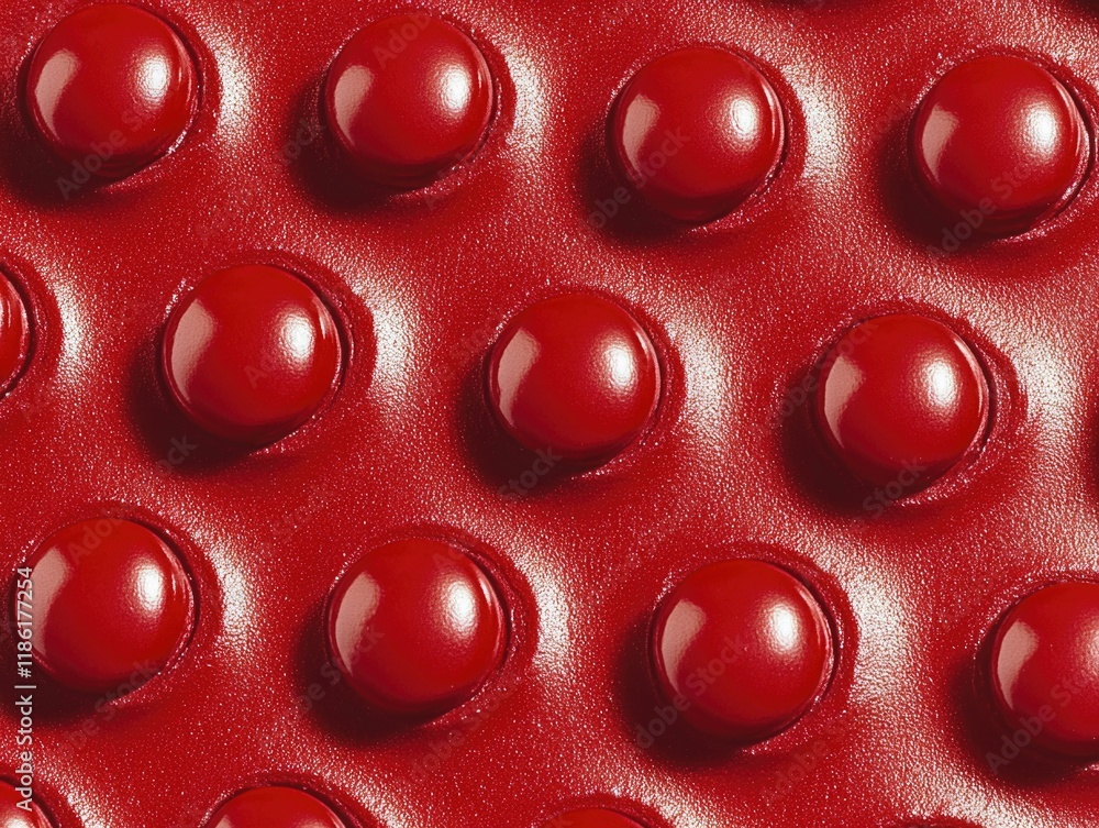 Poster the image is a close up of a red surface with many small red balls. the surface is made of leather a
