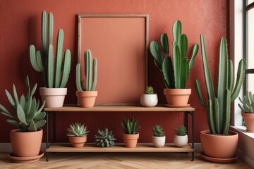 living room with vintage retro shelf, a lot of house plants, cacti, wooden blank mock up poster