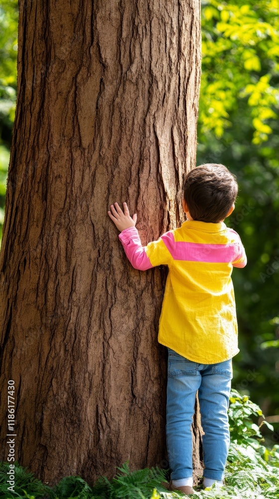 Poster elegant a young child hugging a large tree trunk in a lush forest with sunlight breaking through the