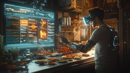 A futuristic chef using VR for cooking, showcasing innovation and technology in modern cuisine.