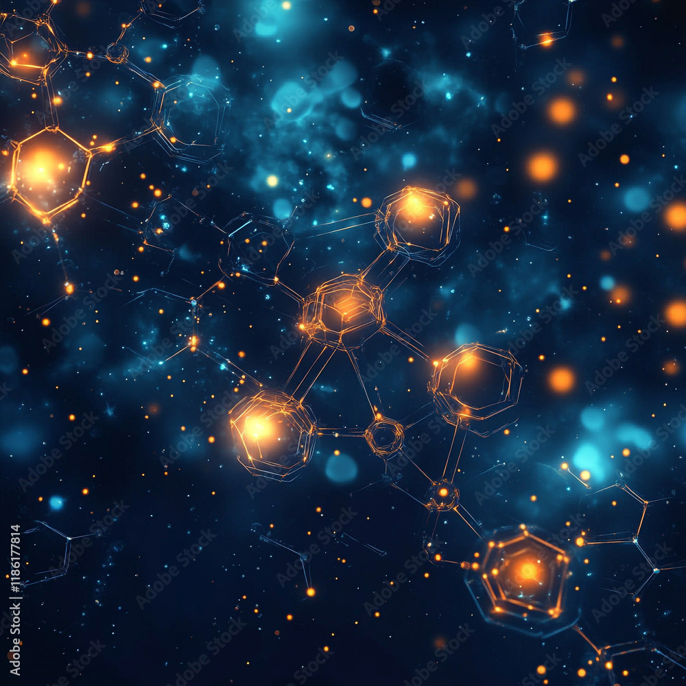 Poster bright particles and molecular structures create a captivating cosmic scene in the universe