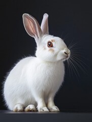Fototapeta premium Cute baby bunny with large eyes and white fur, looking to the side.