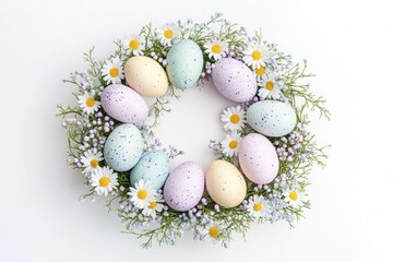 Obraz premium Wreath of eggs and flowers with a white background. The eggs are in different colors and sizes, and the flowers are yellow. The wreath is a symbol of new life and growth