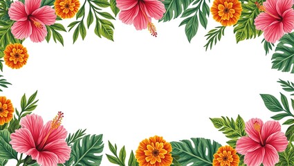 Vibrant tropical flower border with pink hibiscus orange marigolds and green palm leaves Perfect for flyers or greeting cards