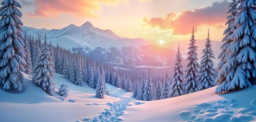 Winter wonderland landscape. Snowy mountains, trees. Beautiful sunset colors. Peaceful, serene scene. Perfect for winter greeting cards New Year photo. Great scenery for alpine ski resorts. Wonderful