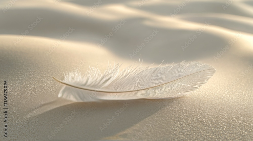 Poster soft white feather resting on smooth sand in a serene setting