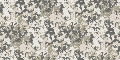 Abstract digital camouflage pattern in beige, gray, and white tones. Perfect for backgrounds, textiles, or military-themed designs.  High-resolution seamless texture ideal for various applications.