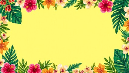 Tropical floral border with hibiscus orchids and palm fronds on bright yellow Ideal for invitations and summer promotions