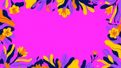 Vibrant neon floral border with abstract flowers  leaves in pink orange and purple Ideal for stylish designs