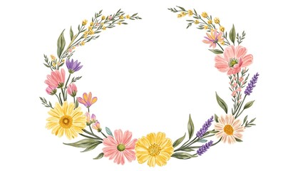 Beautiful floral wreath with daisies peonies and lavender in soft yellow and pink hues ideal for summer themes