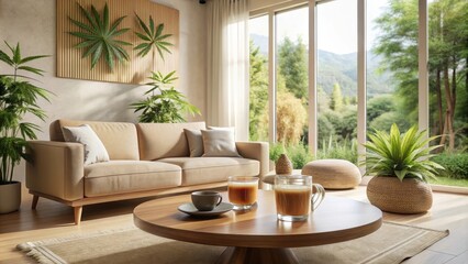 Obraz premium Serene Living Room with Natural Light and Lush Greenery Featuring Two Cups of Coffee on a Wooden Coffee Table