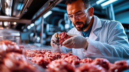 A focused man in protective gear meticulously analyzes raw meats in a modern food production facility, emphasizing the importance of quality control and safety in food processing environments.