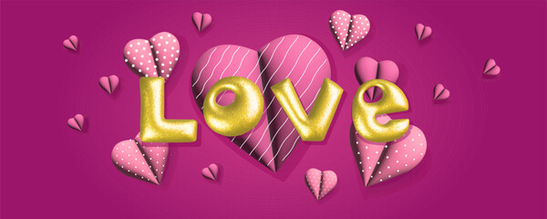 Fototapeta premium Valentine's Day banner with 3D hearts and 3d text on pink background. 14 February romantic cute design. Vector illustration