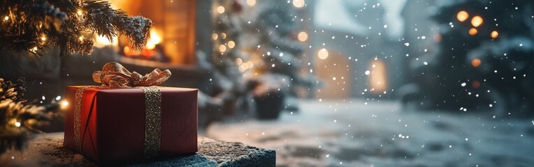 cozy Christmas scene with gifts and ornaments on snow against a blurred background of a glowing fireplace and Christmas tree lights. Perfect for festive banners and holiday promotions