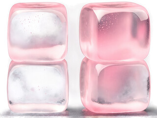 Transparent Ice Cubes with Water Droplets, Pink Hue A collection of transparent ice cubes, each with a soft pinkish hue.