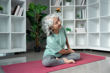 Active Senior Woman Practicing Yoga at Home for Wellness and Healthy Lifestyle in a Modern Living Room Setting