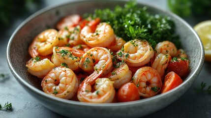 Fototapeta premium Fresh Shrimp and Tomato Dish in a White Bowl Surrounded by Green Herbs Perfect for Lunchtime Meals and Healthy Eating Options
