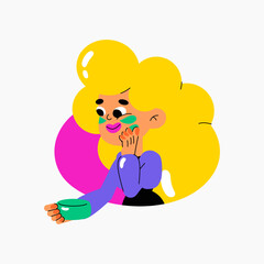 Woman applying skincare products in flat vector illustration symbolizing self care, beauty routine, skin treatment, and personal grooming