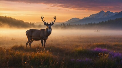 Fototapeta premium Deer in Misty Morning First Light in the Plain