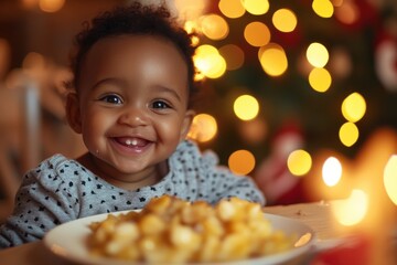 Naklejka premium A smiling baby seated at a festive dinner table with a plate of holiday food